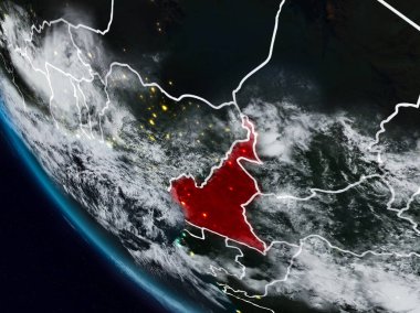 Uzaydan görünür ülke sınırları ile Kamerun geceleri. 3D çizim. Nasa tarafından döşenmiş bu görüntü unsurları.