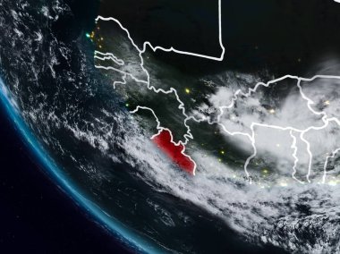 Görünür ülke sınırları ile uzaydan Liberya geceleri. 3D çizim. Nasa tarafından döşenmiş bu görüntü unsurları.