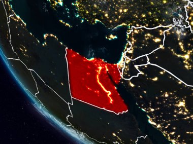 Uzaydan görünür ülke sınırları ile Mısır geceleri. 3D çizim. Nasa tarafından döşenmiş bu görüntü unsurları.