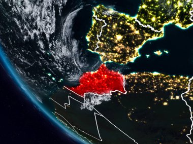 Uzaydan görünür ülke sınırları ile Fas gece. 3D çizim. Nasa tarafından döşenmiş bu görüntü unsurları.