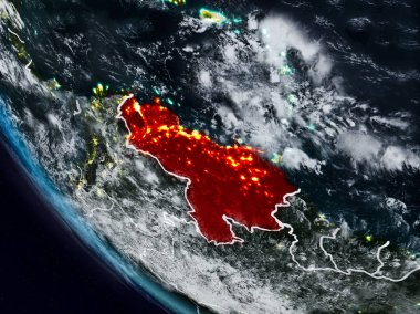 Uzaydan görünür ülke sınırları ile Venezuela geceleri. 3D çizim. Nasa tarafından döşenmiş bu görüntü unsurları.
