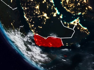 Uzaydan görünür ülke sınırları ile Yemen geceleri. 3D çizim. Nasa tarafından döşenmiş bu görüntü unsurları.
