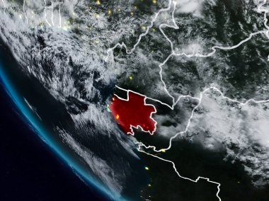 Uzaydan görünür ülke sınırları ile Gabon geceleri. 3D çizim. Nasa tarafından döşenmiş bu görüntü unsurları.