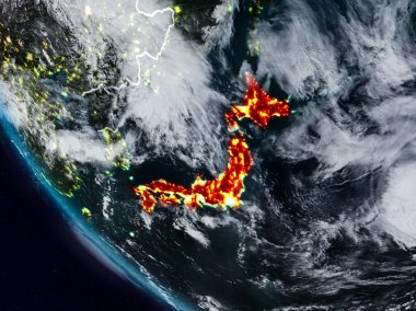 Geceleri görünür ülke sınırları ile uzaydan Japonya. 3D çizim. Nasa tarafından döşenmiş bu görüntü unsurları.