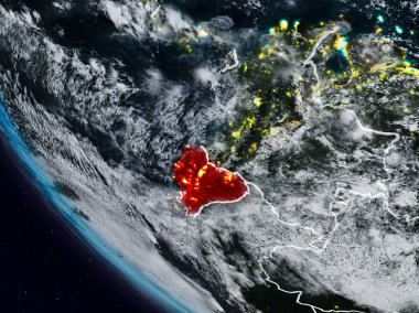 Uzaydan görünür ülke sınırları ile Ekvator geceleri. 3D çizim. Nasa tarafından döşenmiş bu görüntü unsurları.