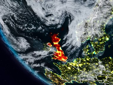 Geceleri görünür ülke sınırları ile uzaydan İngiltere. 3D çizim. Nasa tarafından döşenmiş bu görüntü unsurları.
