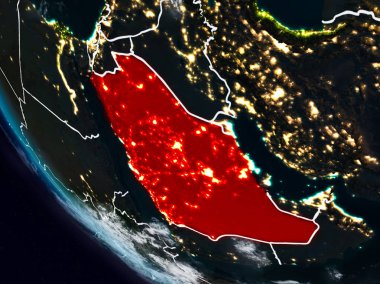 Uzaydan görünür ülke sınırları ile Suudi Arabistan geceleri. 3D çizim. Nasa tarafından döşenmiş bu görüntü unsurları.