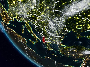 Uzaydan görünür ülke sınırları ile Arnavutluk geceleri. 3D çizim. Nasa tarafından döşenmiş bu görüntü unsurları.