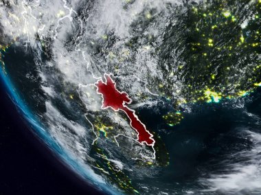 Uzaydan görünür ülke sınırları ile Laos geceleri. 3D çizim. Nasa tarafından döşenmiş bu görüntü unsurları.