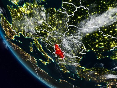 Uzaydan görünür ülke sınırları ile Sırbistan geceleri. 3D çizim. Nasa tarafından döşenmiş bu görüntü unsurları.