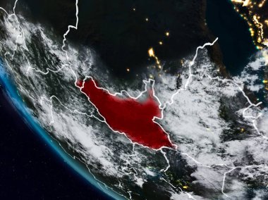 Uzaydan görünür ülke sınırları ile Güney Sudan geceleri. 3D çizim. Nasa tarafından döşenmiş bu görüntü unsurları.