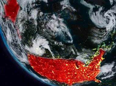 Uzaydan görünür ülke sınırları ile ABD gece. 3D çizim. Nasa tarafından döşenmiş bu görüntü unsurları.