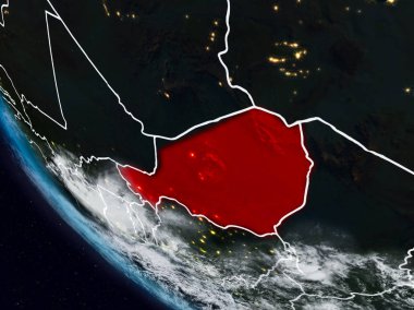 Uzaydan görünür ülke sınırları ile Nijer geceleri. 3D çizim. Nasa tarafından döşenmiş bu görüntü unsurları.
