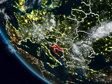 Uzaydan görünür ülke sınırları ile Hırvatistan gece. 3D çizim. Nasa tarafından döşenmiş bu görüntü unsurları.
