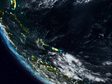 Porto Riko uzaydan görünür ülke sınırları ile gece. 3D çizim. Nasa tarafından döşenmiş bu görüntü unsurları.