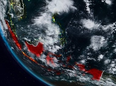 Uzaydan görünür ülke sınırları ile Endonezya geceleri. 3D çizim. Nasa tarafından döşenmiş bu görüntü unsurları.
