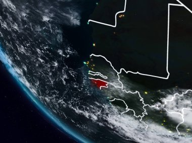 Gine-Bissau geceleri görünür ülke sınırları ile uzaydan. 3D çizim. Nasa tarafından döşenmiş bu görüntü unsurları.