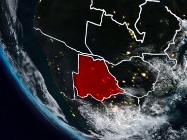 Uzaydan görünür ülke sınırları ile Botsvana geceleri. 3D çizim. Nasa tarafından döşenmiş bu görüntü unsurları.