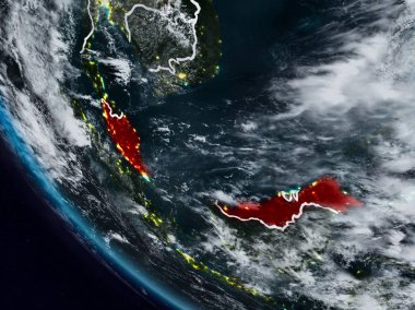 Uzaydan görünür ülke sınırları ile Malezya geceleri. 3D çizim. Nasa tarafından döşenmiş bu görüntü unsurları.
