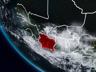 Fildişi Sahili uzaydan görünür ülke sınırları ile gece. 3D çizim. Nasa tarafından döşenmiş bu görüntü unsurları.