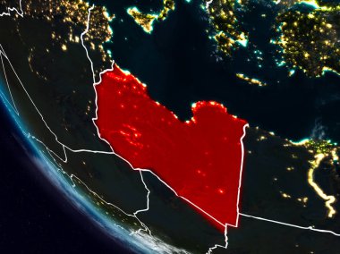 Uzaydan görünür ülke sınırları ile Libya geceleri. 3D çizim. Nasa tarafından döşenmiş bu görüntü unsurları.