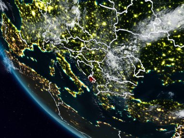 Uzaydan görünür ülke sınırları ile Karadağ geceleri. 3D çizim. Nasa tarafından döşenmiş bu görüntü unsurları.