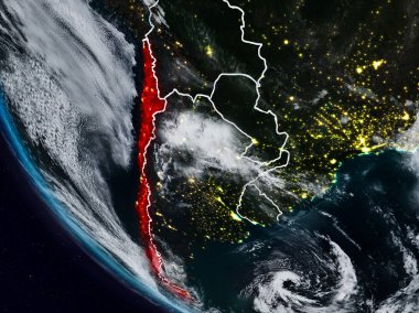 Uzaydan görünür ülke sınırları ile Şili geceleri. 3D çizim. Nasa tarafından döşenmiş bu görüntü unsurları.