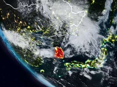 Uzaydan görünür ülke sınırları ile Güney Kore gece. 3D çizim. Nasa tarafından döşenmiş bu görüntü unsurları.
