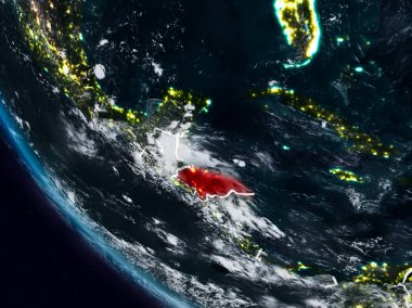 Görünür ülke sınırları ile uzaydan Honduras geceleri. 3D çizim. Nasa tarafından döşenmiş bu görüntü unsurları.