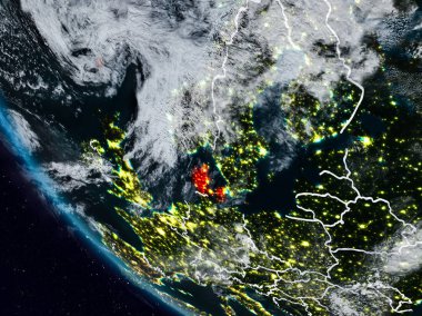 Uzaydan görünür ülke sınırları ile Danimarka geceleri. 3D çizim. Nasa tarafından döşenmiş bu görüntü unsurları.