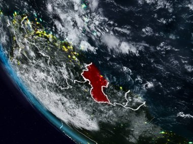 Uzaydan görünür ülke sınırları ile Guyana geceleri. 3D çizim. Nasa tarafından döşenmiş bu görüntü unsurları.