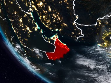 Uzaydan görünür ülke sınırları ile Umman geceleri. 3D çizim. Nasa tarafından döşenmiş bu görüntü unsurları.