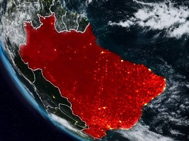 Uzaydan görünür ülke sınırları ile Brezilya gece. 3D çizim. Nasa tarafından döşenmiş bu görüntü unsurları.