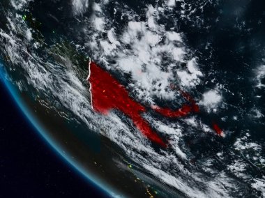 Papua Yeni Gine gece görünür ülke sınırları ile uzaydan. 3D çizim. Nasa tarafından döşenmiş bu görüntü unsurları.