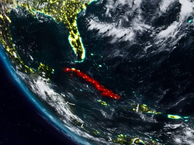 Uzaydan görünür ülke sınırları ile Küba geceleri. 3D çizim. Nasa tarafından döşenmiş bu görüntü unsurları.