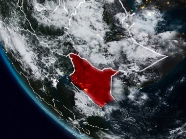 Uzaydan görünür ülke sınırları ile Kenya geceleri. 3D çizim. Nasa tarafından döşenmiş bu görüntü unsurları.