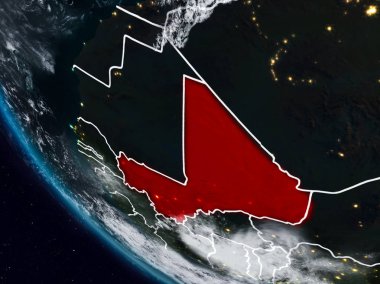 Uzaydan görünür ülke sınırları ile mali geceleri. 3D çizim. Nasa tarafından döşenmiş bu görüntü unsurları.