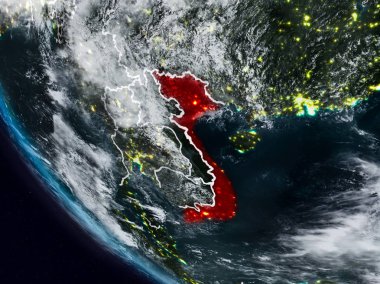 Uzaydan görünür ülke sınırları ile Vietnam gece. 3D çizim. Nasa tarafından döşenmiş bu görüntü unsurları.
