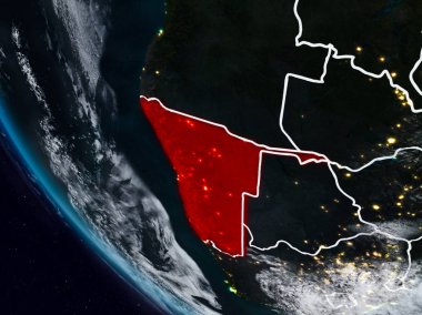 Uzaydan görünür ülke sınırları ile Namibya geceleri. 3D çizim. Nasa tarafından döşenmiş bu görüntü unsurları.