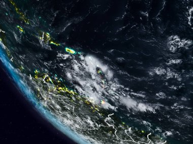 Uzaydan görünür ülke sınırları ile Karayipler geceleri. 3D çizim. Nasa tarafından döşenmiş bu görüntü unsurları.