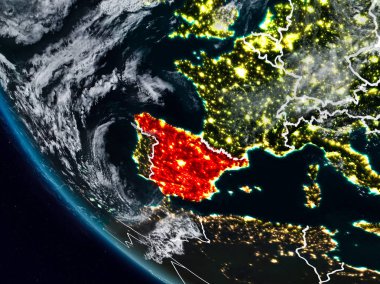 Uzaydan görünür ülke sınırları ile İspanya geceleri. 3D çizim. Nasa tarafından döşenmiş bu görüntü unsurları.