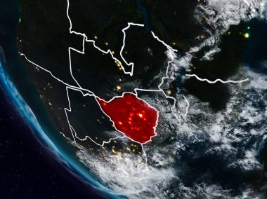 Uzaydan görünür ülke sınırları ile Zimbabve geceleri. 3D çizim. Nasa tarafından döşenmiş bu görüntü unsurları.