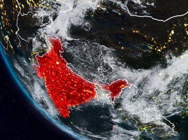 Görünür ülke sınırları ile uzaydan Hindistan geceleri. 3D çizim. Nasa tarafından döşenmiş bu görüntü unsurları.