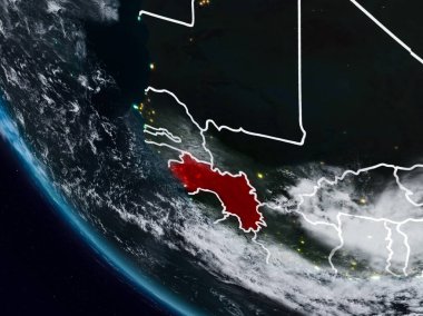 Uzaydan görünür ülke sınırları ile Gine gece. 3D çizim. Nasa tarafından döşenmiş bu görüntü unsurları.