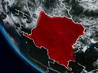 Demokratik Kongo Cumhuriyeti gece görünür ülke sınırları ile uzaydan. 3D çizim. Nasa tarafından döşenmiş bu görüntü unsurları.