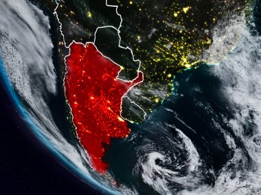 Uzaydan görünür ülke sınırları ile Arjantin gece. 3D çizim. Nasa tarafından döşenmiş bu görüntü unsurları.