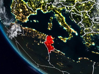 Uzaydan görünür ülke sınırları ile Tunus gece. 3D çizim. Nasa tarafından döşenmiş bu görüntü unsurları.