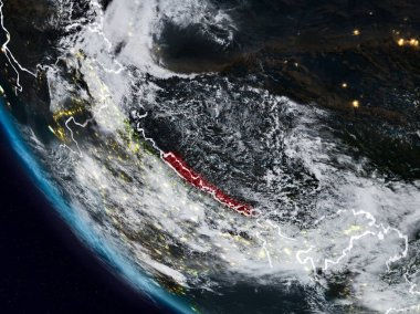 Görünür ülke sınırları ile uzaydan Nepal geceleri. 3D çizim. Nasa tarafından döşenmiş bu görüntü unsurları.