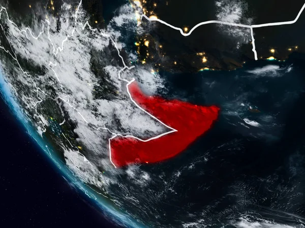 Uzaydan görünür ülke sınırları ile gelen Somali geceleri. 3D çizim. Nasa tarafından döşenmiş bu görüntü unsurları.