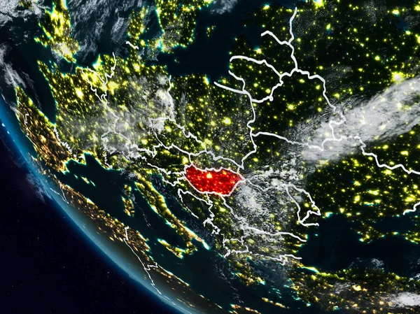 Uzaydan görünür ülke sınırları ile Macaristan geceleri. 3D çizim. Nasa tarafından döşenmiş bu görüntü unsurları.